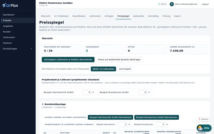 Preisspiegel mit Lieferantenangeboten je LV-Position, günstigster Preis hervorgehoben